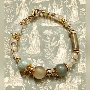 Exquisite Light Green Jade In Artisan Handmade 18K Gold Plated Bracelet